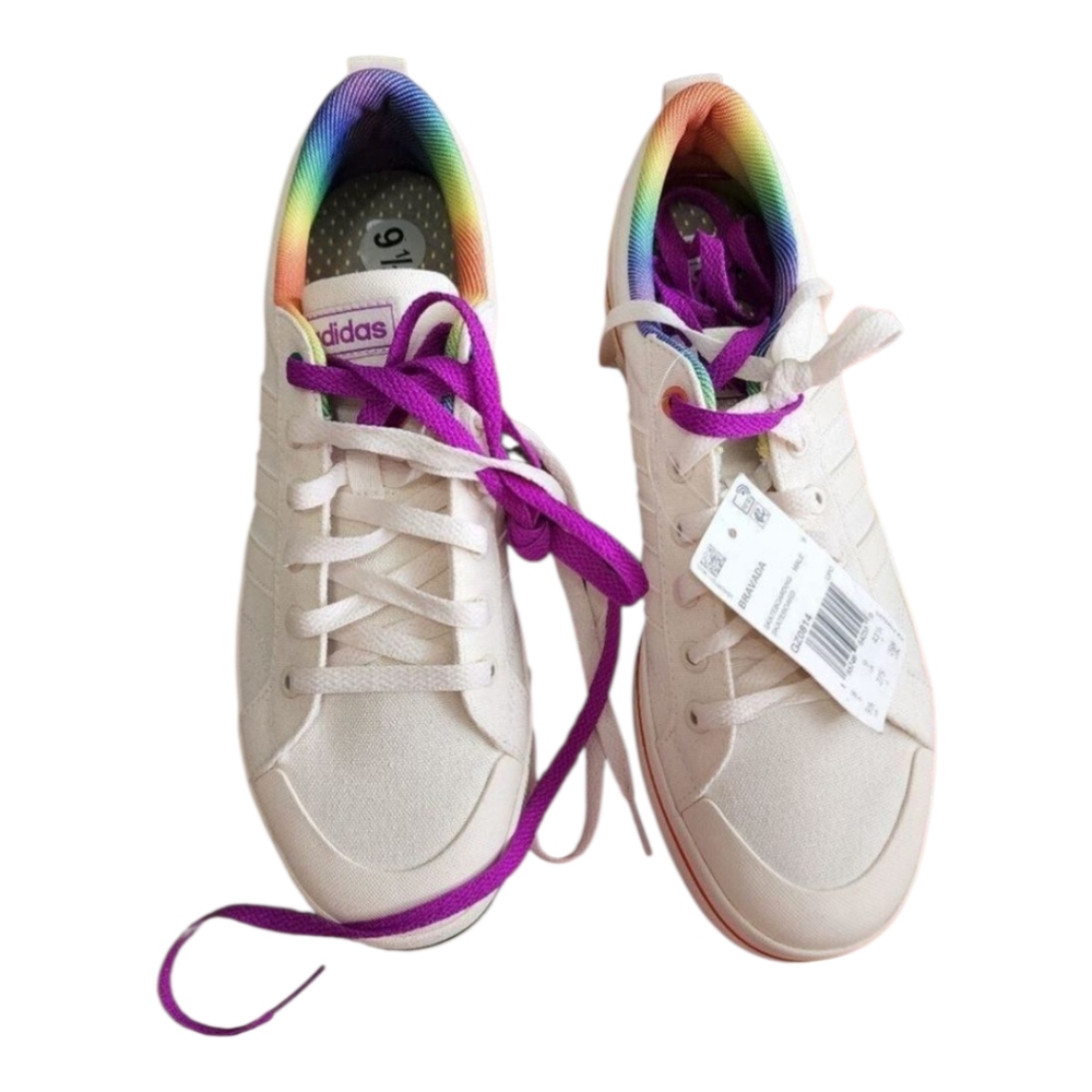 Adidas Court Bold Bravada Rainbow‎ Trim White Canvas Sneakers Men's Size 9.5 New